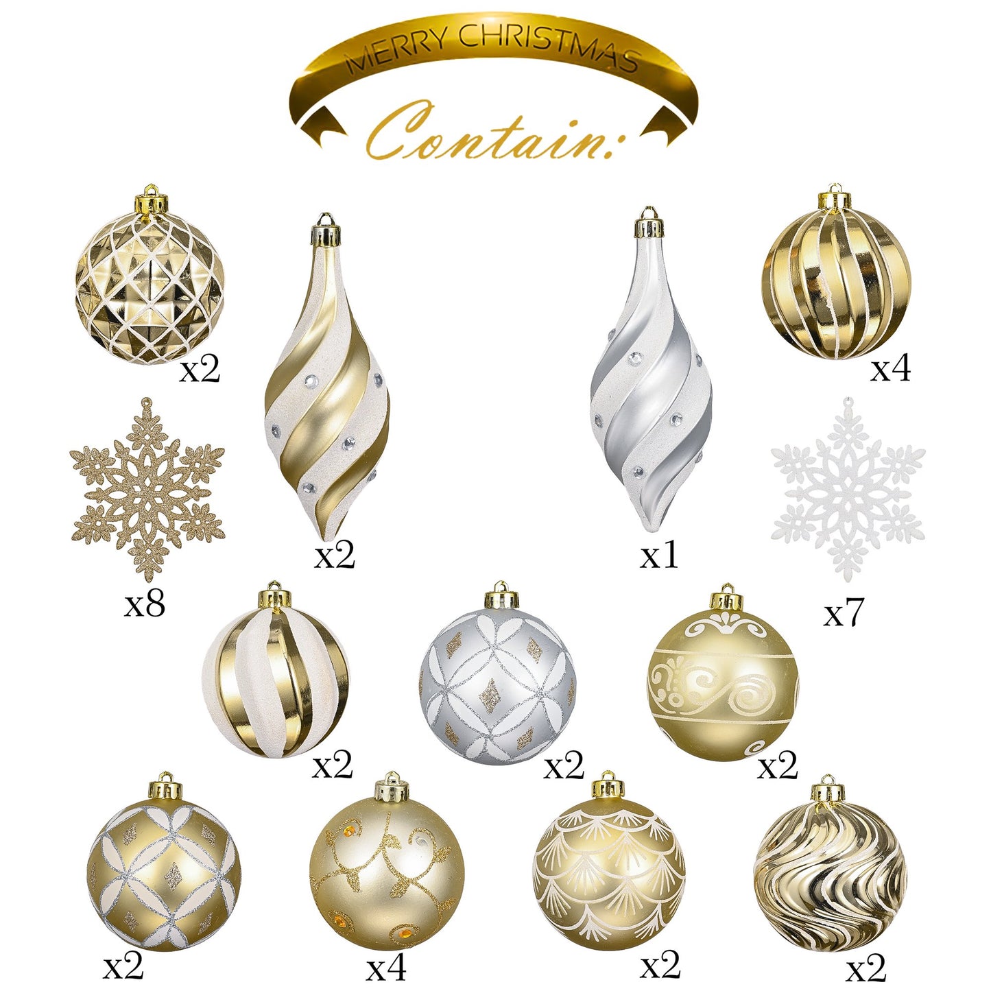 Elegant Gold and White Christmas Ball Ornaments, Shatterproof Assorted Christmas Tree Ornaments