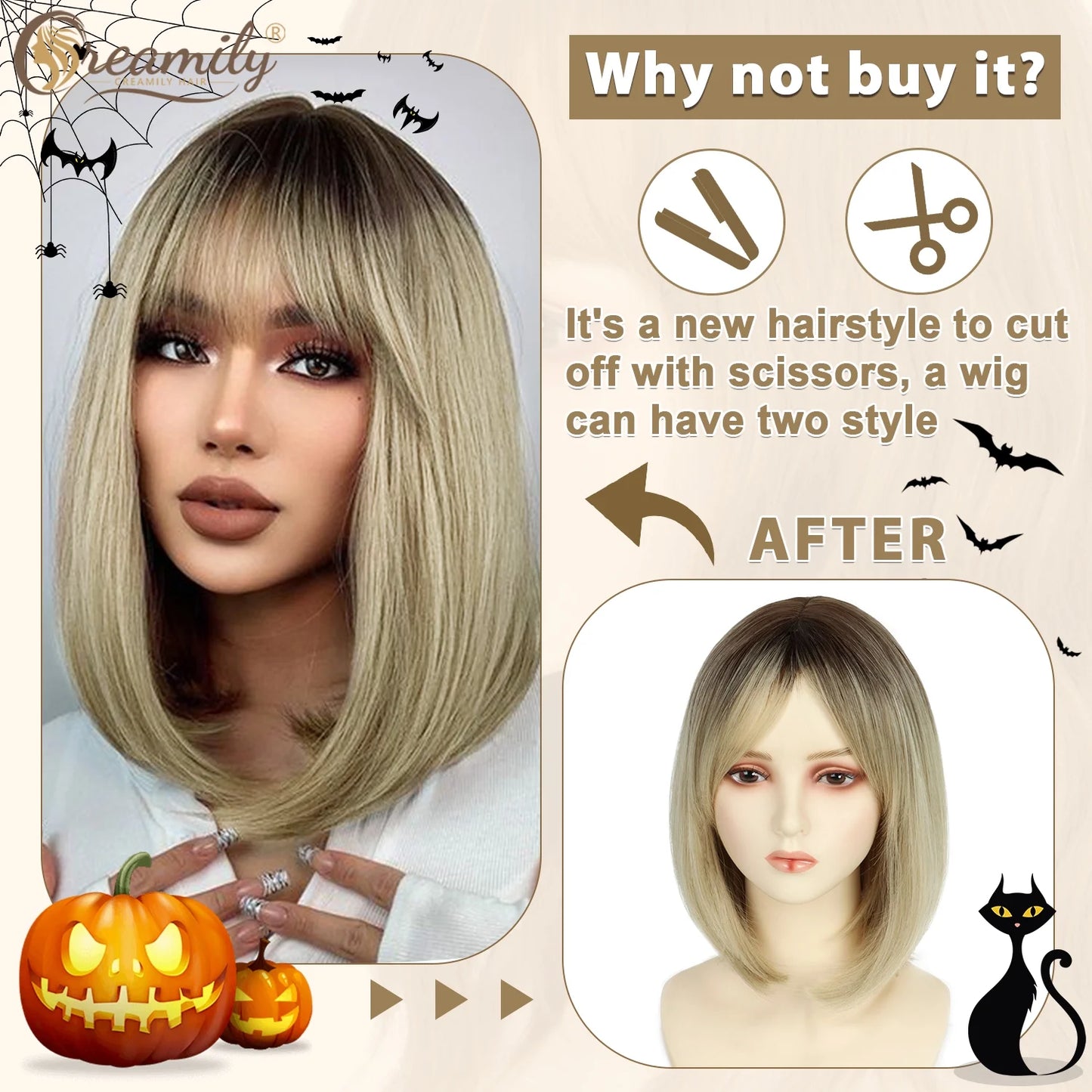 Creamily 14" Omber Blonde Wigs for Women Synthetic Shoulder Length Bob Wigs Straight Short Blonde Bob Wigs with Bangs