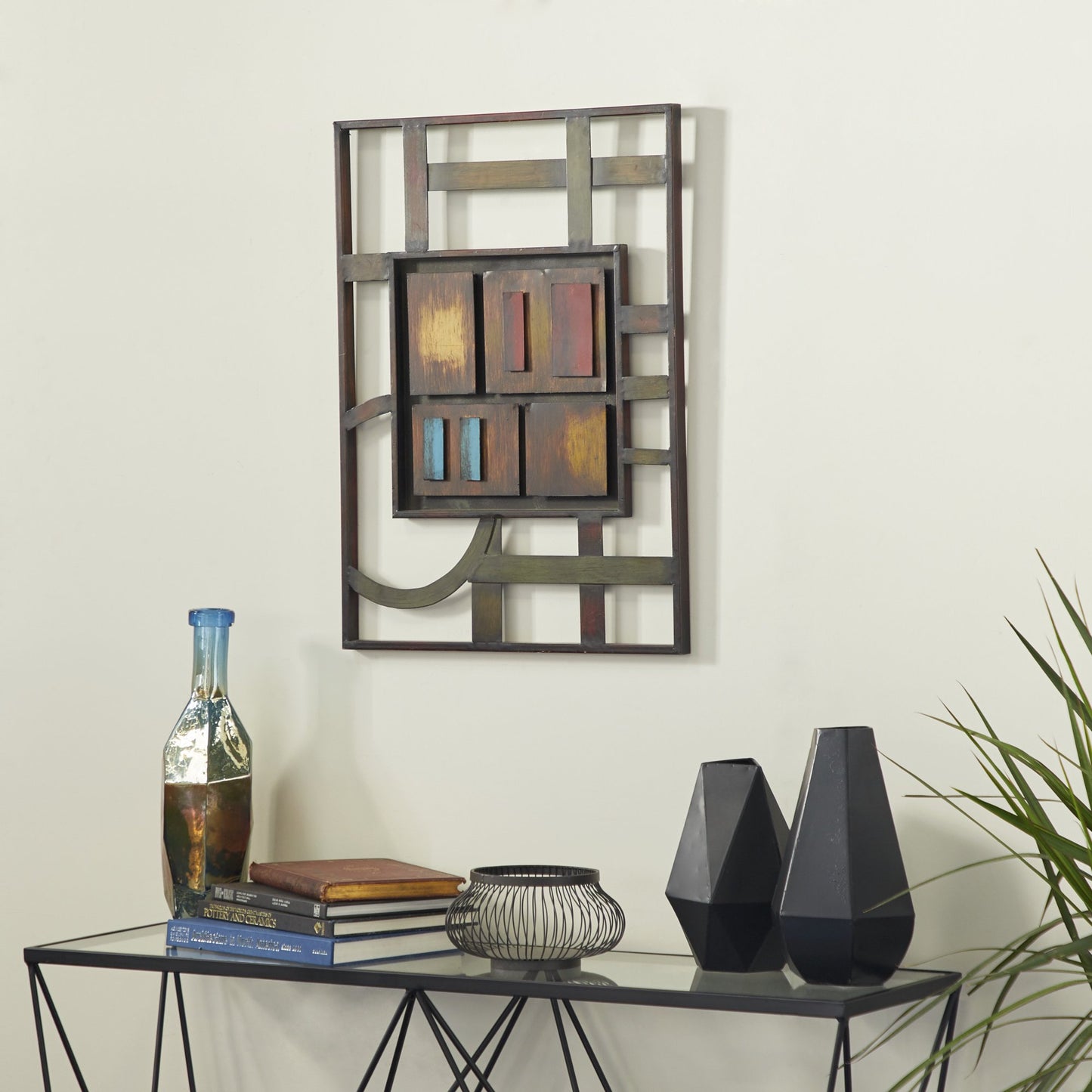 Modern Metal Brown Rectangular Wall Décor with Square and Lines Detail