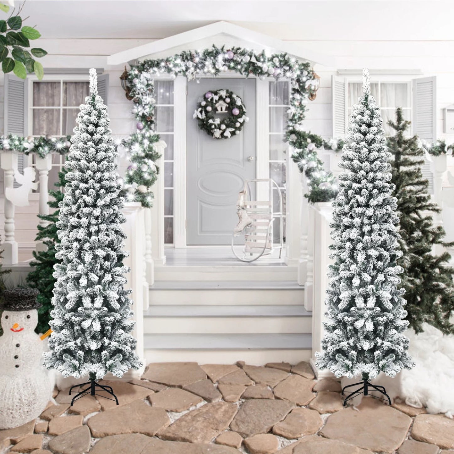 Unlit Hinged Snow Flocked Artificial Pencil Christmas Tree w/ 641