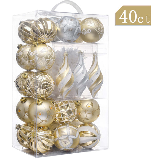 Elegant Gold and White Christmas Ball Ornaments, Shatterproof Assorted Christmas Tree Ornaments