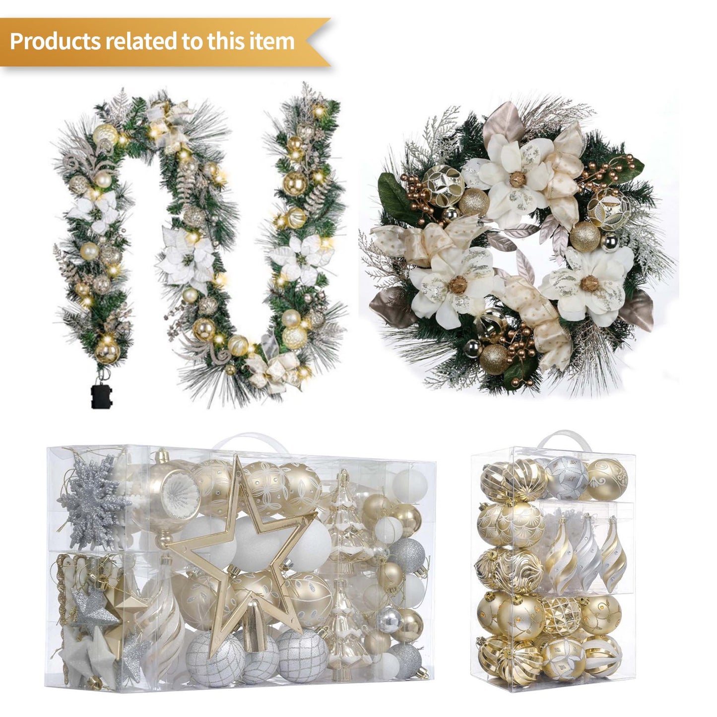 Elegant Gold and White Christmas Ball Ornaments, Shatterproof Assorted Christmas Tree Ornaments