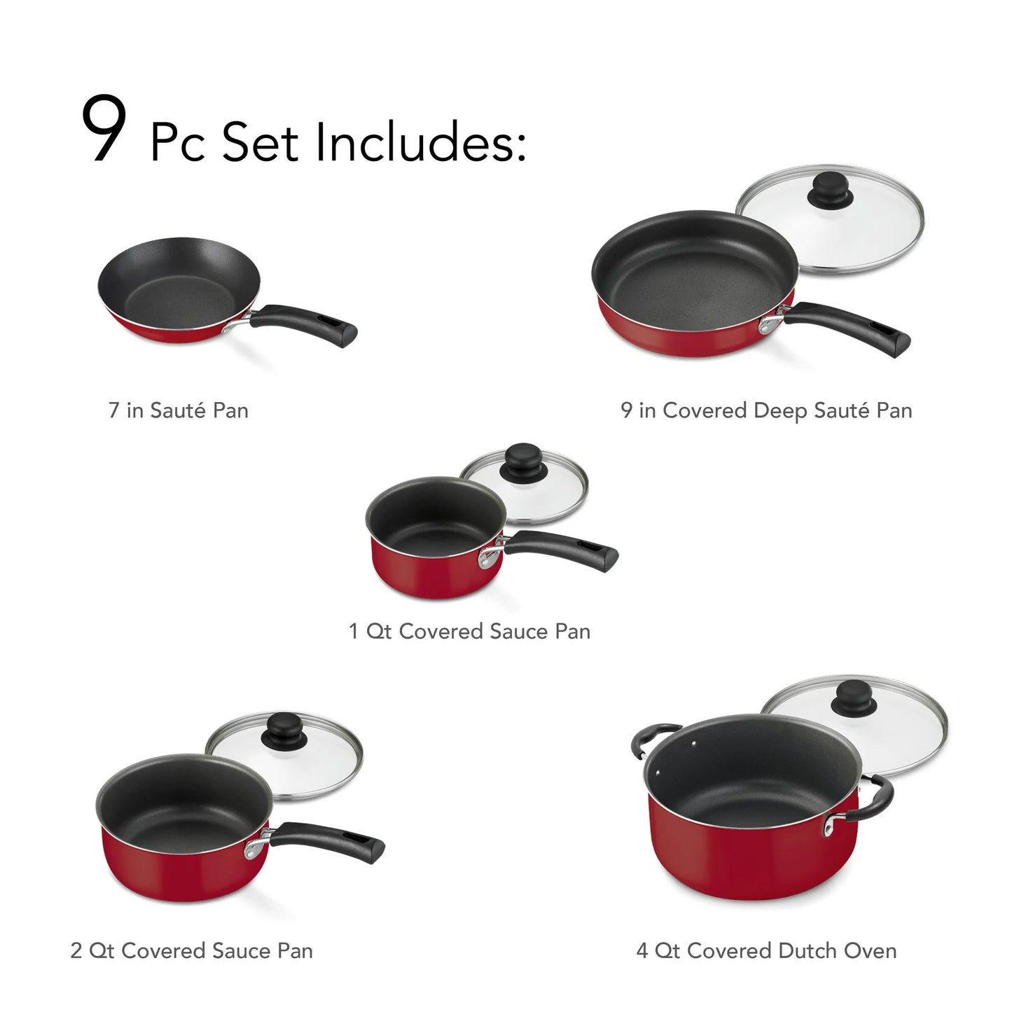 Non-stick Cookware Set, Red 9-Piece