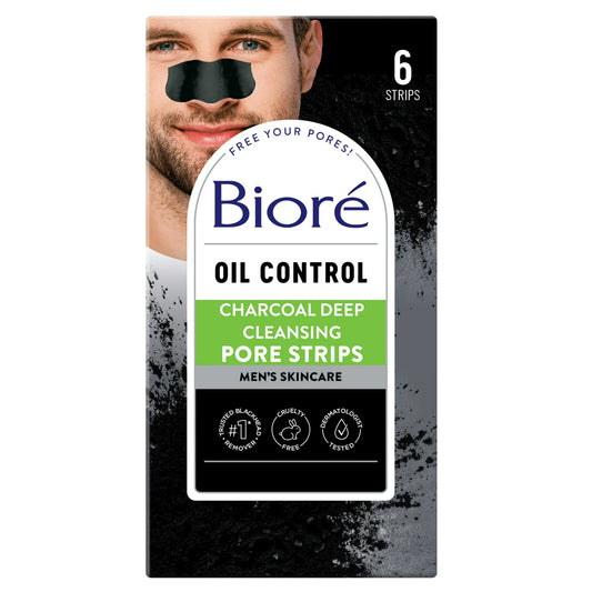 Biore Men's Skincare Charcoal Deep Cleansing Blackhead Remover Pore Strips, 6 Ct