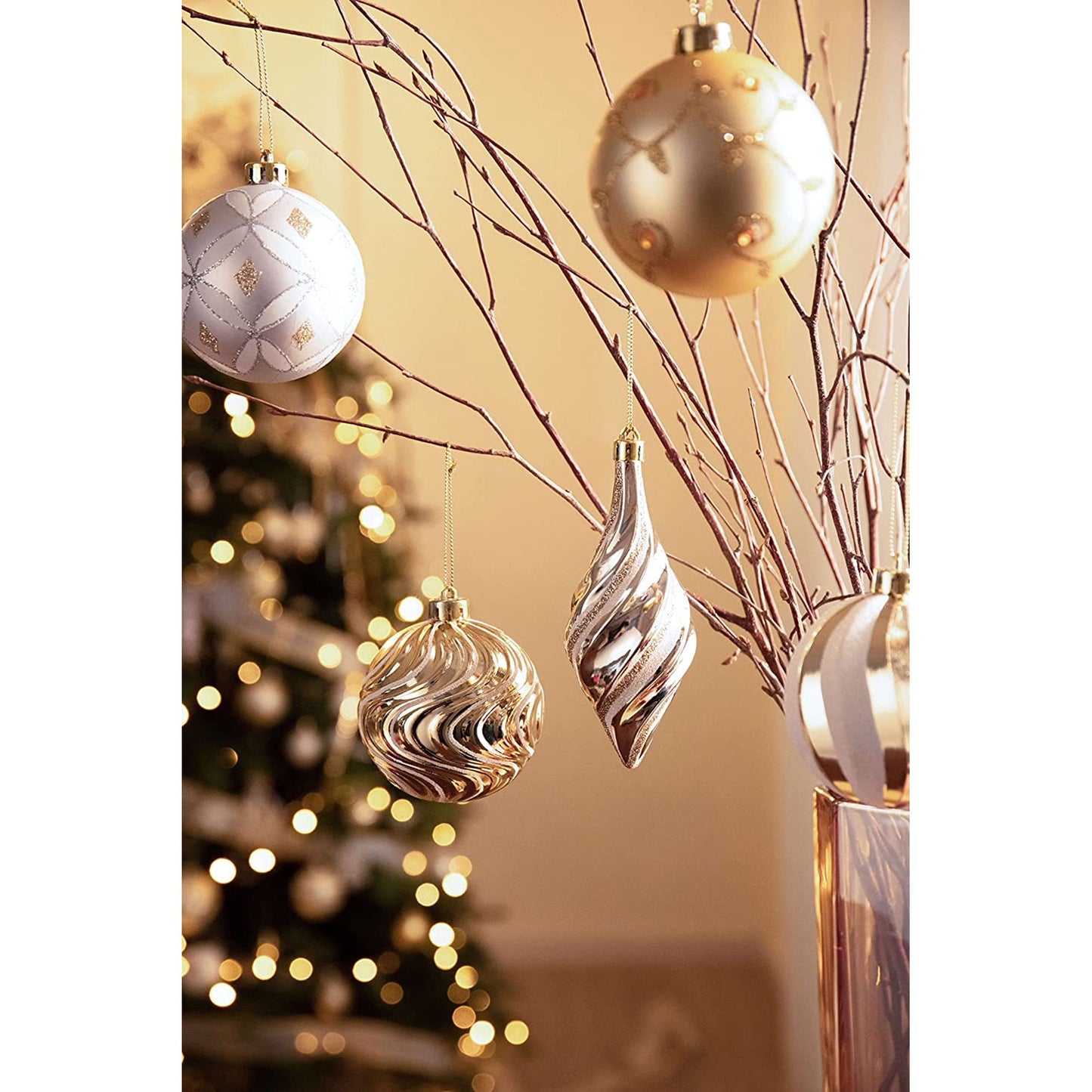 Elegant Gold and White Christmas Ball Ornaments, Shatterproof Assorted Christmas Tree Ornaments