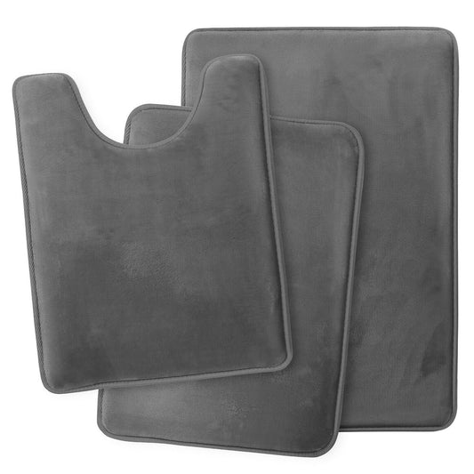 Memory Foam 3 PC Bathroom Rug Absorbent Bath Mat Set Small Large and Contour Rug -gray