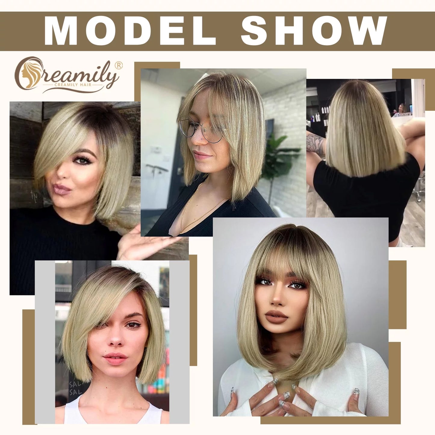 Creamily 14" Omber Blonde Wigs for Women Synthetic Shoulder Length Bob Wigs Straight Short Blonde Bob Wigs with Bangs