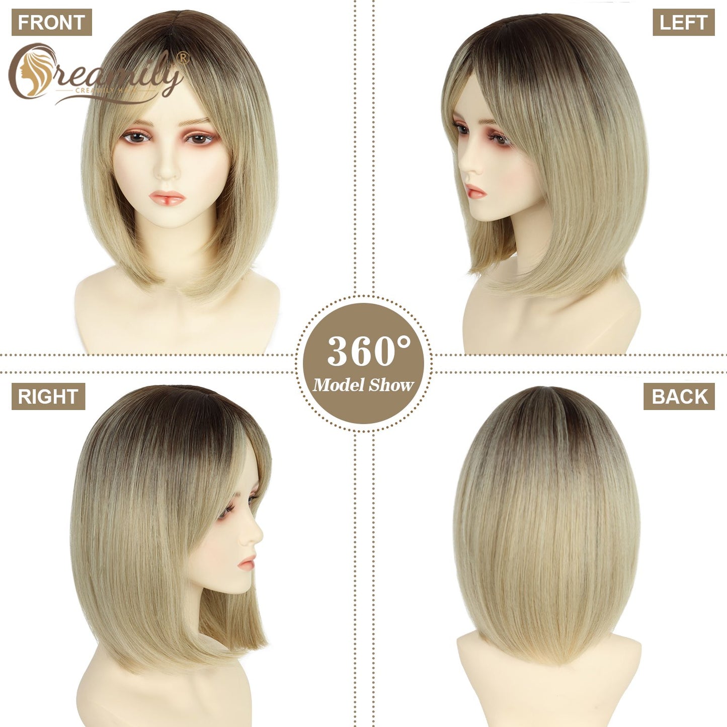 Creamily 14" Omber Blonde Wigs for Women Synthetic Shoulder Length Bob Wigs Straight Short Blonde Bob Wigs with Bangs