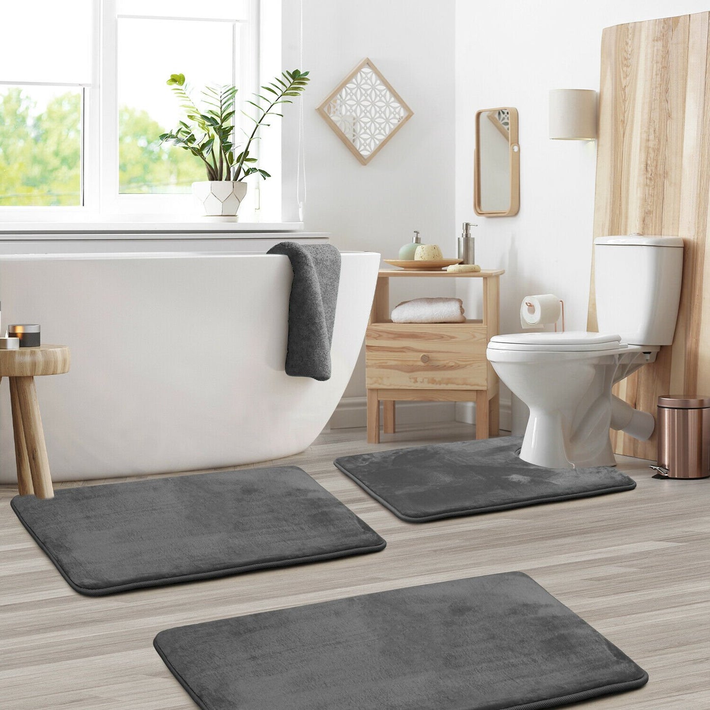 Memory Foam 3 PC Bathroom Rug Absorbent Bath Mat Set Small Large and Contour Rug -gray