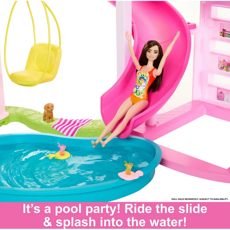 Barbie Dreamhouse, 75+ Pieces, Pool Party Doll House with 3 Story Slide